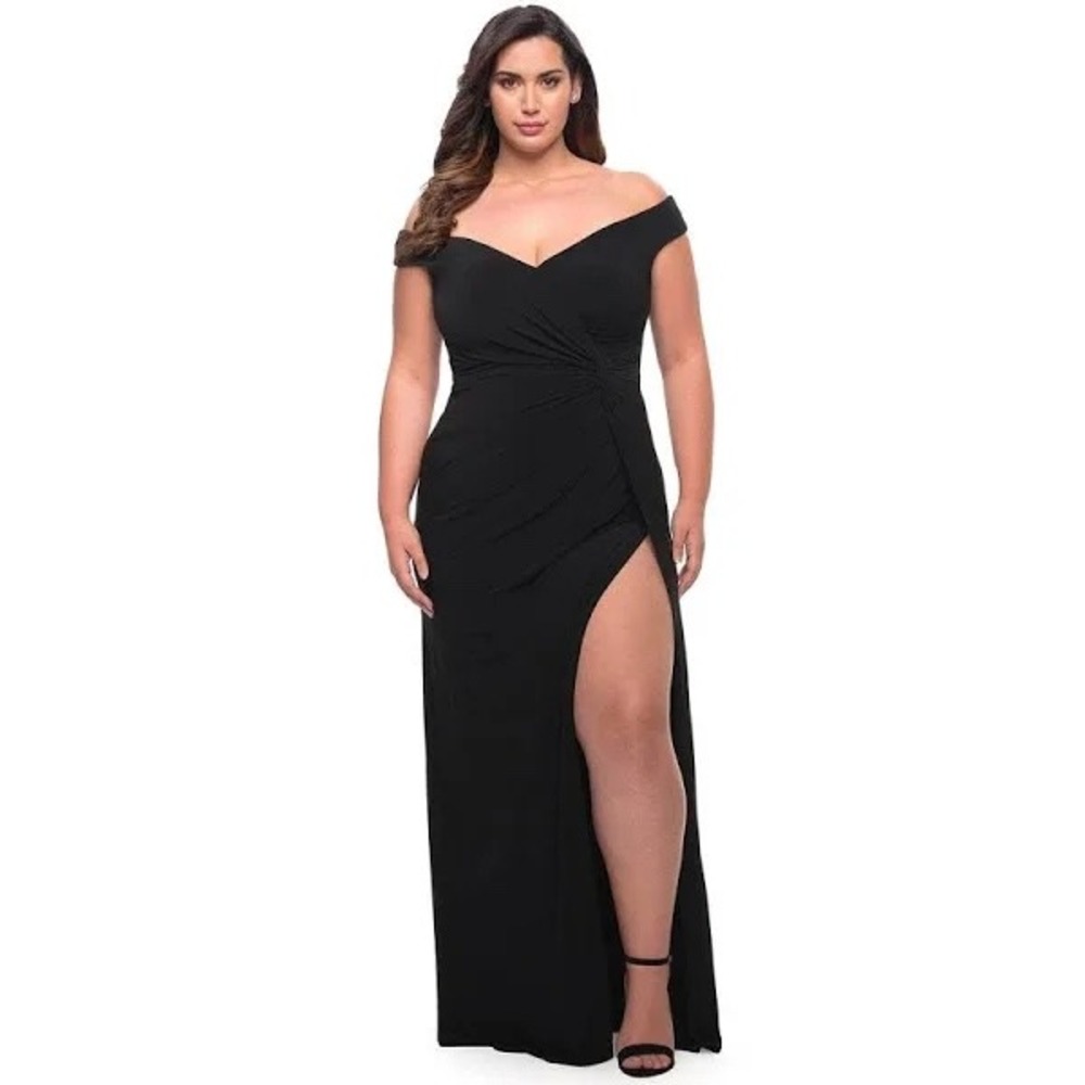 La Femme Curve Off The Shoulder Formal Gown Black Dress with Slit and Ruching 14